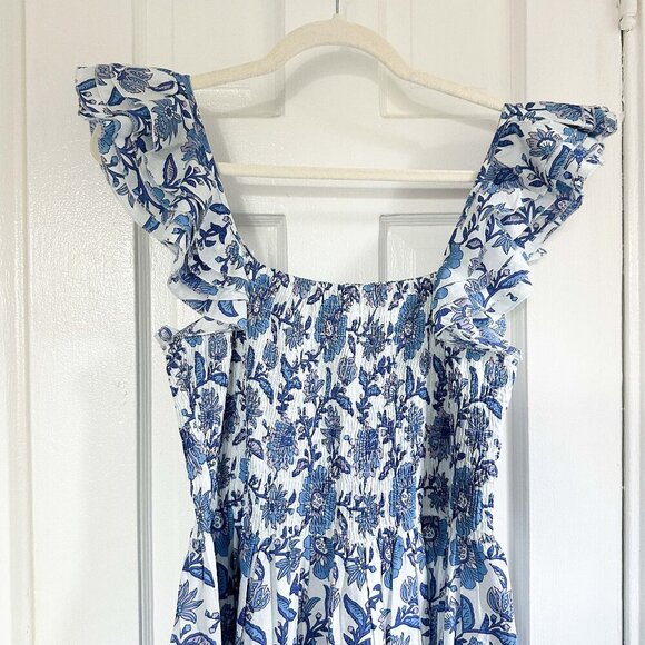 Mille Olympia Smocked Midi Dress Small Floral Blue White Cotton - Med - Picture 4 of 4